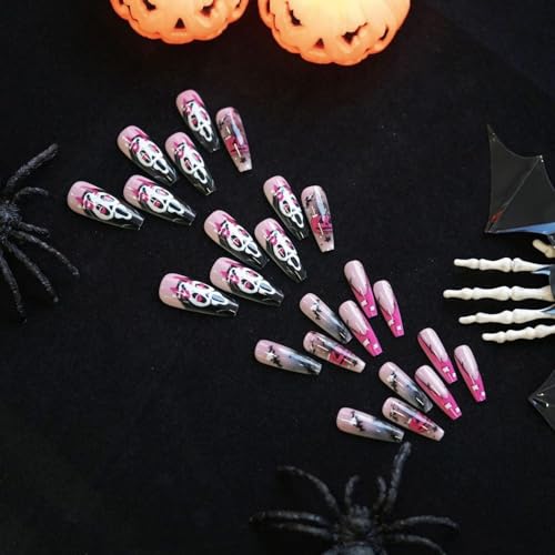 Halloween Long Press on Nails xl Coffin Fake Nail French Tip Ghost Faces Designs False Nails Press Ons Pink Pumpkin Stick on Nails Full Cover Artificial Nails Gift for Women 24pcs