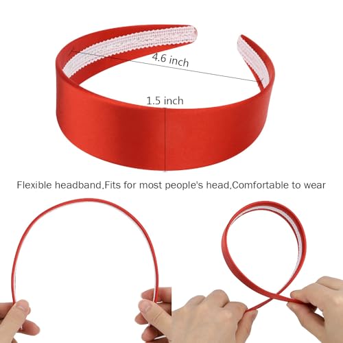 AHONEY Red Headband for Women Girls Satin Silk Headband Non Slip 1.57" Wide Plain Head Band Solid Hair Band DIY Halloween Costume Holiday Christmas Hair Accessories Gifts