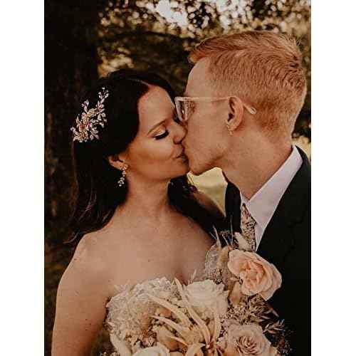 SWEETV Light Rose Gold Wedding Clip Rhinestone Bridal Comb Barrette - Handmade Flower Clip Head Pieces for Women