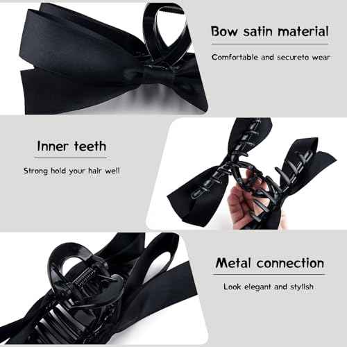 Zkptops 4Pcs Hair Claw Clips Bow Claw Clip for Women Girls Satin Claw Clamps Cute Large Bowknot Nonslip Jaw Barrettes with Tassel Hair Bow Claw Clip Accessories for Thin Thick Curly Hair (Black White)