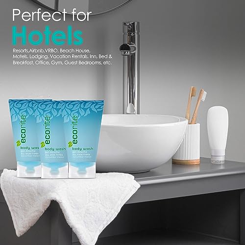 Ecorite Body Wash with Cucumber-Melon Fragrance, Travel Size Hotel Amenities Biodegradable/Recyclable Tube, 1 fl oz/30 ml, Pack of 288