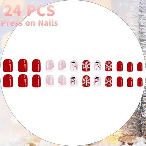 24Pcs Christmas Red Press on Nails Short Square Fake Nails with Silver Glitter Snowman Design Glossy Cute Christmas Nails Full Cover Stick on Nails Halloween Glue on Nails for Women Nail Art DIY