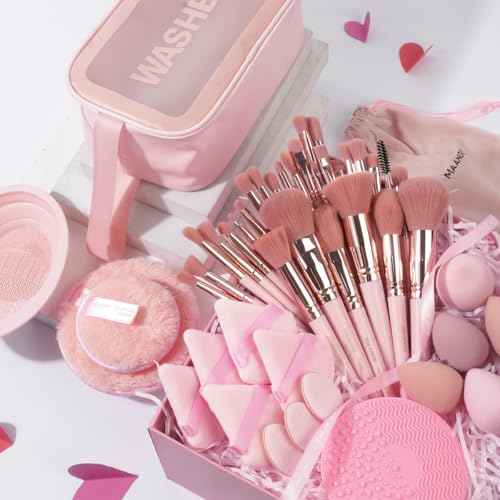 MAANGE Makeup Brush Set 49 Pcs Makeup Tool Set Premium Synthetic Foundation Powder Concealers Eye shadows Blush Makeup Brushes (Pink, 49 Piece Set)