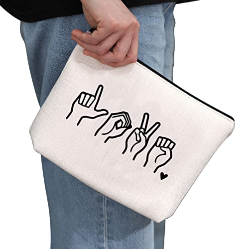 G2TUP American Sign Language Gift Love Sign Language Makeup Bag ASL Cosmetic Bag ASL Teacher Thank You Gift Deaf Community Gift Zipper Travel Bag (Love Sign Language White Bag)