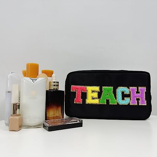 Teacher Appreciation Gifts Letter Patch Nylon Makeup Bag Pencil Bag Chenille Varsity Letter Patches Makeup Zipper Pouch Retirement Birthday Teacher Gifts for Women(Teach-black)