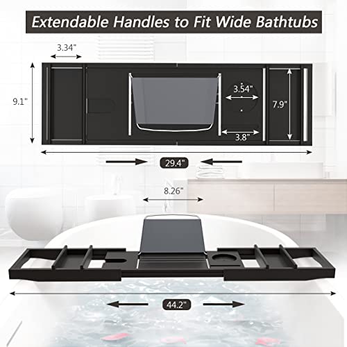 Domax Bathtub Caddy Tray Expandable Bamboo Tub Tray for Luxury Bath with Book Holder and Free Soap Dish Black