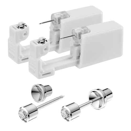 Safe Piercing Earrings and Ear Piercing Kits 3mm, Stainless Steel Cubic Zirconia Ear Piercing Gun Sets,with Short Post and Safe backs for Baby or Girl's Studs (Apr-1pair), White