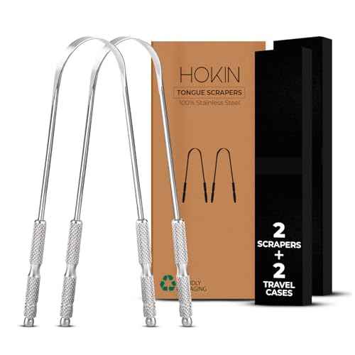 Tongue Scraper for Adults by HOKIN (2Pcs Oral Care Pack) Stainless Steel Tongue Cleaners Reduce Bad Breath 100% Metal Tough Scrapers Men and Women Hygiene Product