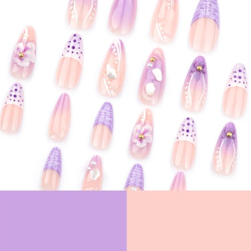 24Pcs French Tip Press on Nails Almond Medium Flower Fake Nails Purple Gradient False Nails with 3D Flowers Pearl Nail Designs Luxury Glue on Nails Acrylic Artificial Nails for Women
