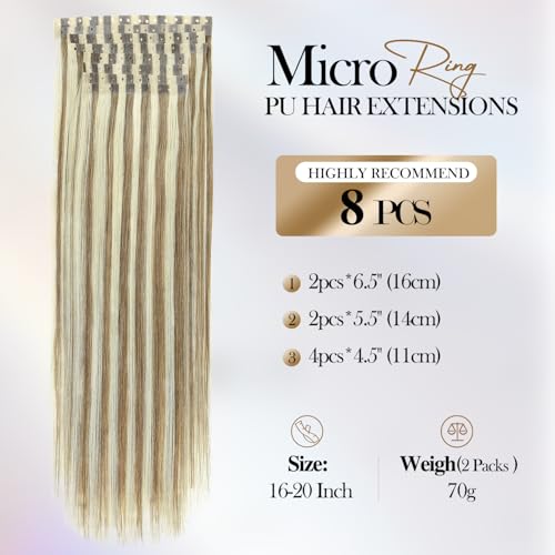 Invisible Hole Weft Human Hair Extensions Micro Link Hair Extensions 9A/P60 Highlight Blonde Glueless Skin Weft Human Hair Extensions Seamless No Tape In Hair Extension for Women (70g 8Pcs,18 Inch)