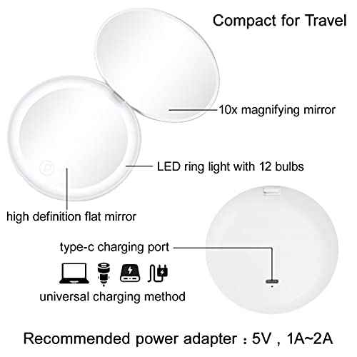 Compact Mirror with LED Light,1x/10x Magnifying Rechargeable Mirror,3.5in, Dimmable Travel Mirror for Purse,Pocket,Handheld 2-Sided Makeup Mirror