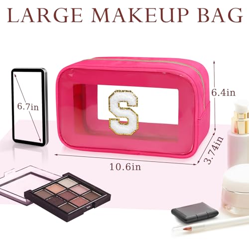 Gloppie Initial Clear Makeup Bag - Preppy Cosmetic Travel Toiletry Bag With Chenille Letter S - Gift for Women