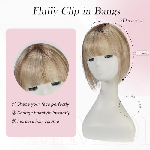 EMMOR 10 Inch Real Human Hair Topper for Women - Upgrade Swiss Lace Base with 3 Non-Slip Clips, 4.5" x 3" Clip in Bangs for Thinning Hair & Natural Hair Loss Coverage(Ombre Blonde & Brown Highlight)