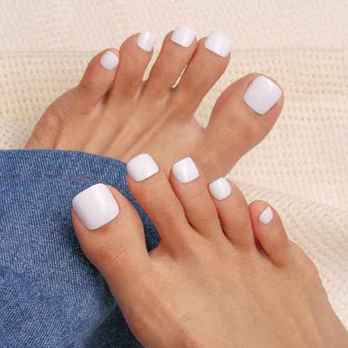 Makartt Press on Toenails: Short Glossy White 24PCS Fake Nails with Glue, Natural Fit for Women, Includes Adhesive Tabs, Stick, and File, Pedicure Set for Home Salon