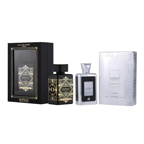 Lattafa Perfumes for Unisex 2 Piece Eau de Parfum Gift Set (Bade'e Al Oud Oud For Glory + Ejaazi Intensive Silver) 3.4 Ounce/100 ml each