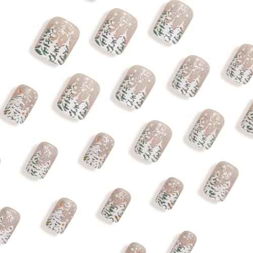 Christmas Nude Press on Nails Short Square Fake Nails with Xmas Tree Glitter Designs Glossy Artificial Nails Full Cover Stick on Nails Christmas Glue on Nails for Women Nail Art DIY 24Pcs