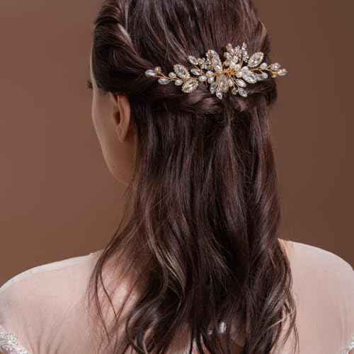 Women Girls Wedding Party Flower Pearl Hair Comb, Floral Crystal Bridal Hair Piece Side Combs Wedding Hair Pin Hair Accessories (Gold)
