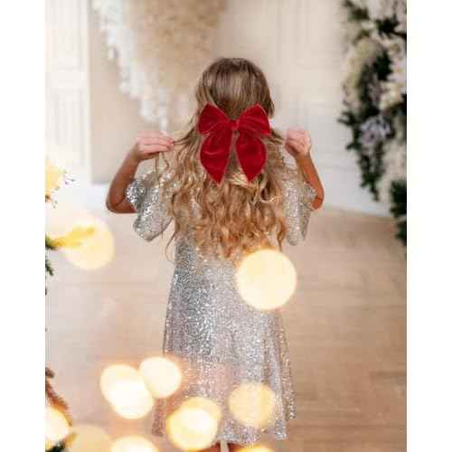 2 Pack Fable Girls Velvet Hair Bows 5 Inch Large Velvet Bow Handmade Hair Accessories for Toddler Kids Teen Girls (Red)
