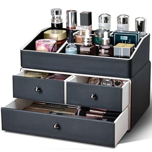 KINGFOM 2 Tier PU Leather Makeup Organizer with 3 Drawers, Cosmetic Storage Organizers for vanity Dresser Countertop and Bathroom Vanity, Beauty Holder for Lipstick Brush Skincare (Black)
