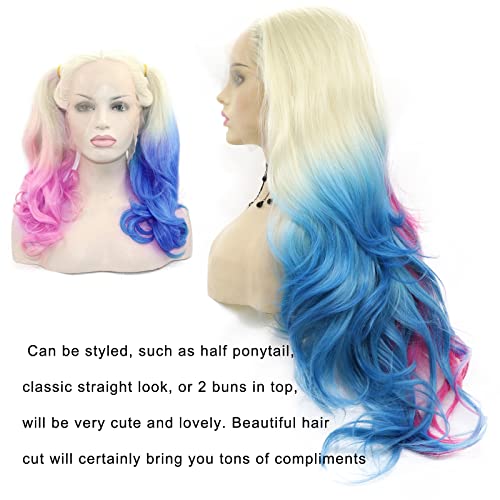 Long Pink Blue Wigs for Women Curly Wavy Blonde Ombre Lace Front Wig Mermaid Real Hair Wigs Natural Hairline Half Pink Blue Colorful Wig Glueless Synthetic Heat Resistant Fiber Cosplay Drag 26Inch