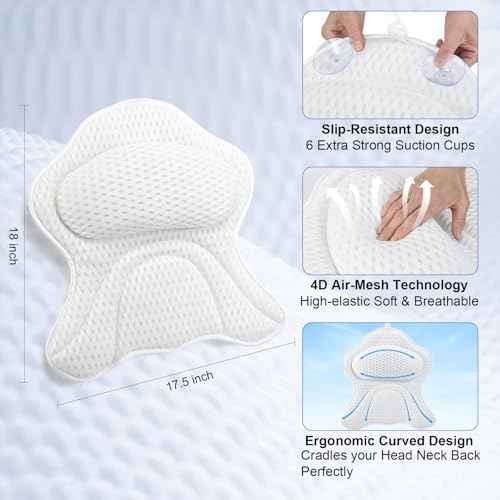 Bath Pillows for Tub Luxury Bathtub Pillow for Neck and Back Support, Soft Bath Tub Pillow Headrest Washable with 4D Mesh & Non-Slip Suction Cups, Relaxing Bath Accessories Spa Gifts for Women (White)
