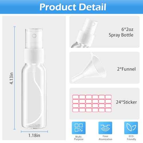 Spray Bottles, 2oz/50ml Clear Empty Fine Mist Plastic Mini Travel Bottle Set, Small Refillable Liquid Containers with 2pcs Funnels and 24pcs Labels (6 Pack)