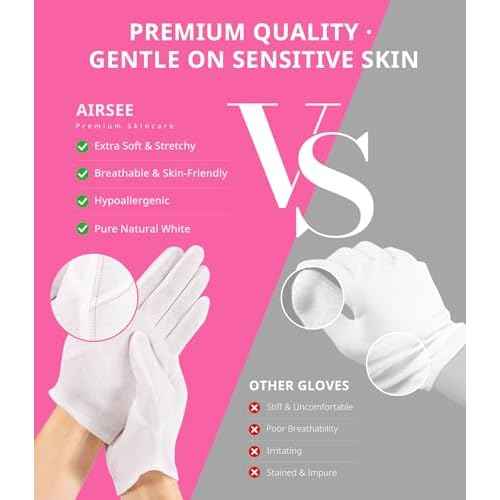 AIRSEE 2Pairs White Cotton Gloves for Dry Hands Eczema SPA Moisturizing - Men and Women Stretchable Cloth White Gloves Regular M