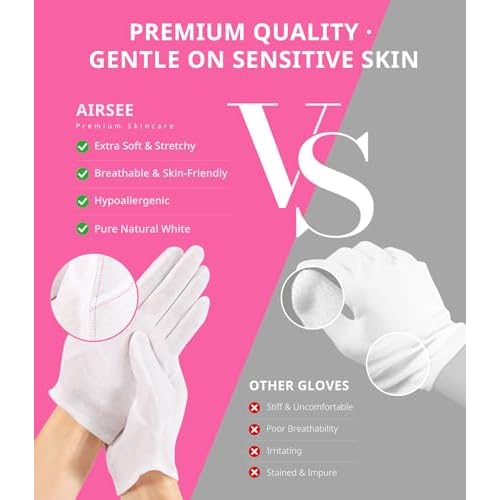 AIRSEE 2Pairs White Cotton Gloves for Dry Hands Eczema SPA Moisturizing - Men and Women Stretchable Cloth White Gloves Regular M