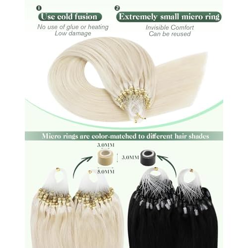 Ugeat Micro Ring Hair Extensions for Long Length 24 Inch Platinum Blonde Micro Beads Real Human Hair Extensions Flexible Microloop for Natural Looking 50S 50S