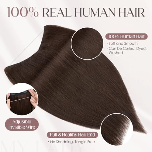 MY-LADY Halo Hair Extensions Real Human Hair for Women Dark Brown Clip in Remy Hairpiece with Adjustable Invisible Wire 20 Inch 70G