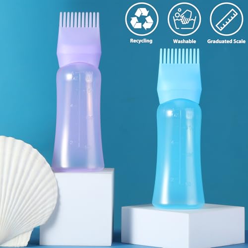 Root Comb Applicator Bottle 6 OZ, Hair Oil Applicator Bottles for Scalp with Massage Comb, 2 Pack Hair Dye Applicator with Graduated Scale (Purple, Blue)