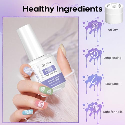 Poke Gel Nail Polish Set with Professional Base Coat- Nail Art Painting Gel for Flowers, Letters & Wave Designs-Lace Drawing Gel with Wooden Nail Stick and Buffer