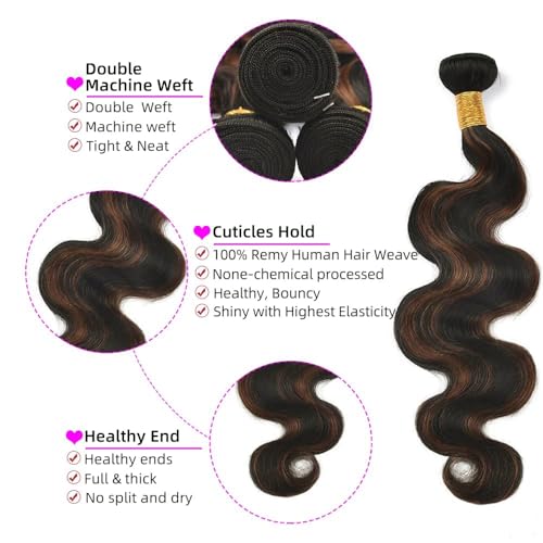 BilltiiWW P1B30 Body Wave Bundles Human Hair Two Tone Black and Brown With Highlights Brazilian Weave Soft and Silky for Women 26 28 30 Inch