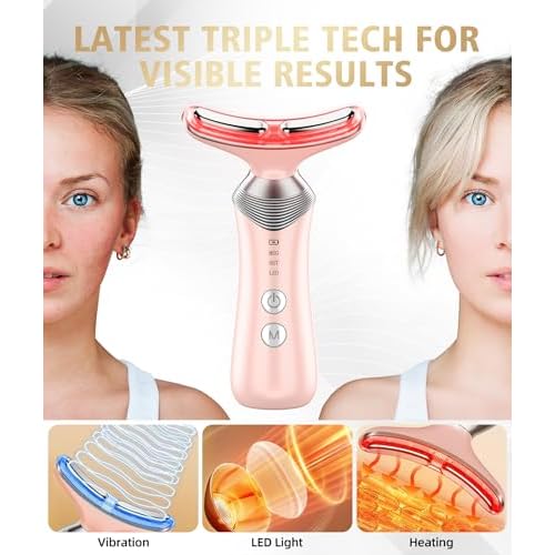 9-in-1 Red-Light-Therapy-for-Face-and-Neck, Portable Facial Massager Tool with Adjustable Vibration & Thermals for Wrinkles, Double Chin, Pink