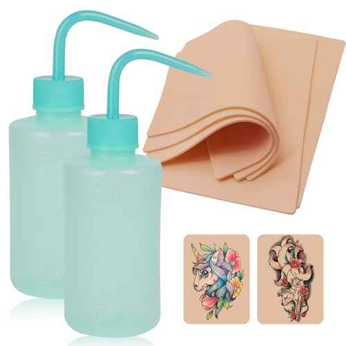 Tattoo Practice Skin and Wash Bottles Kit Includes 5Pcs 3mm Thick 7.4x5.6in Tattoo Skin Practice and 2Pcs 250ml Blue Plastic Squeeze Bottle Watering Tools. (Blue 2pcs + 5pcs Tattoo Practice Skin)