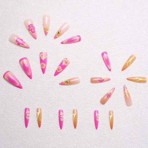 Long Press on Nails Almond Fake Nails White French Tip False Nails with 3D Flower Design Glue on Nails Acrylic Nails Glossy Full Cover Stick on Nails for Women 24Pcs