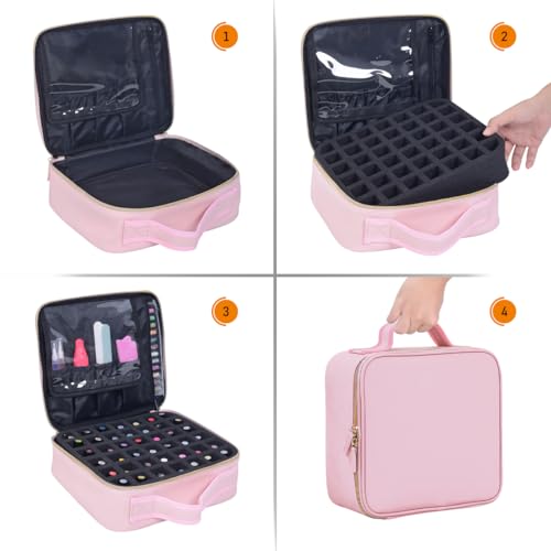 Nail Polish Organizer Case - PU Leather Portable Cosmetic Bag Hold 42 Bottles (15 ml/0.51 floz) with Removable Partition (Pink)