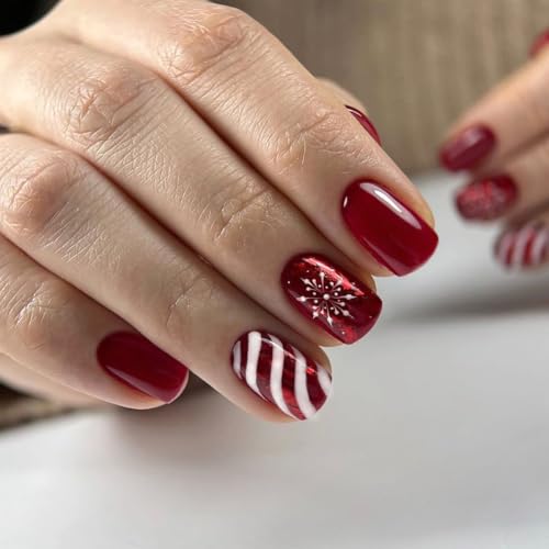 24 Pcs Christmas Red Press on Nails Short Square - LINMEIZAI Xmas French Fake Nails Press ons Nail Art Tips Glue on Nails Full Cover Acrylic False Nails with Glossy Snowflake Stripes Design for Women
