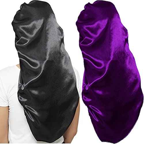 2 Pcs Hair Bonnets for Women Satin, Soft Elastic Band Silky Sleeping Cap Big Bonnets for Women Comfortable Bonnet for Braids(Black+Purple)
