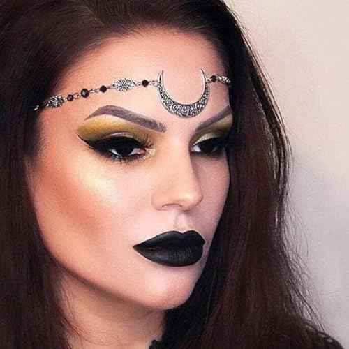 Boho Head Chain Crescent Moon Forhead Chain Black Crystal Headpieces Hair Accessories for Women and Girls (Silver)