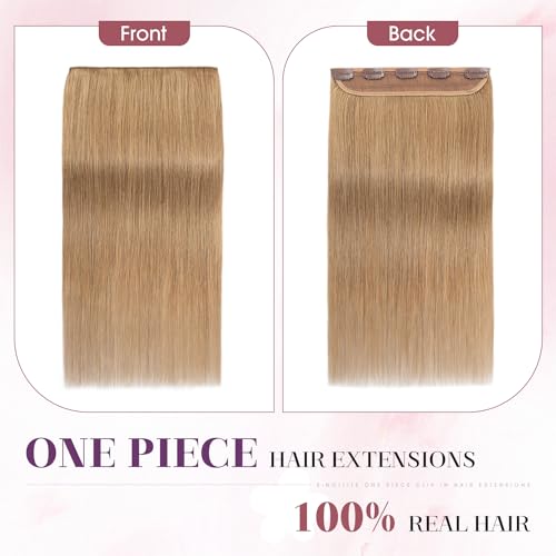S-noilite One Piece Hair Extensions Clip in Human Hair 5 Clips 3/4 Full Head Clip on Remy Hair Extension for Women,One-Piece Design Adding Hair Volume 24 Inch 60g #Dark Blonde
