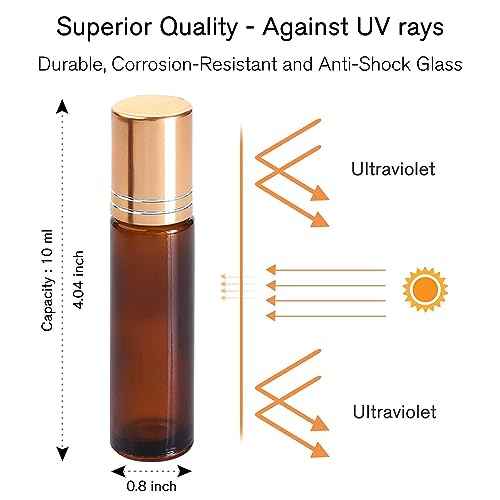 PrettyCare 4 Pack, 10 ml Essential Oil Roller Bottles with Stainless Steel Roller Ball - Refillable Leak-proof Empty Thick Amber Glass Roll on Bottles with Metal Caps for Travel, Perfume