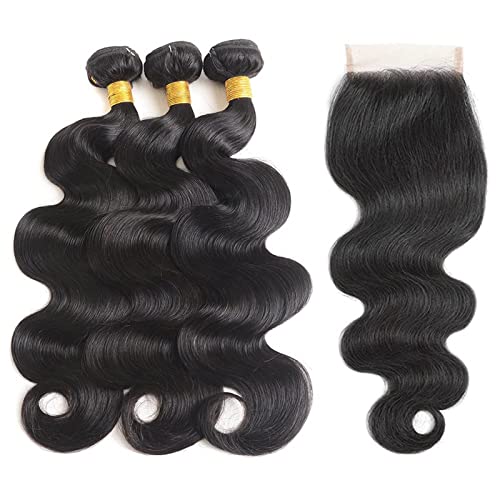 Bundles with Closure Human Hair Body Wave 100% Unprocessed Brazilian Virgin Hair Bundles with Closure£¨16 18 20+14£©Hair Extensions with 4x4 Free Part Lace