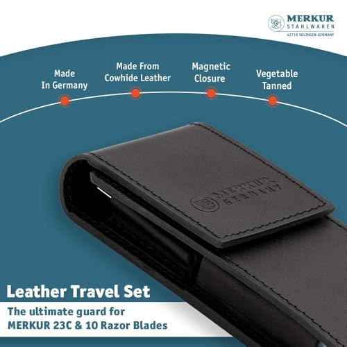 MERKUR 5005 Travel Shaving Set featuring MERKUR 23C Three-piece Safety Razor with Long Handle & Bright Chrome Finish, 10 Double Edge Blades & Black Leather Case | Made In Germany