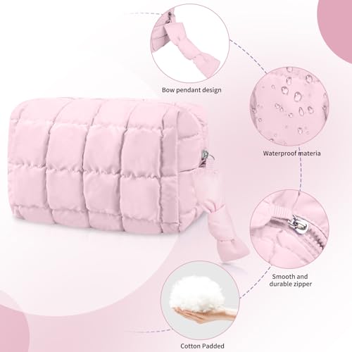 Puffy Quilted Makeup Bag, Cute Checkered Cosmetic Bags with Divider, Waterproof Travel Toiletry Bag, Make up Pouch for Women & Girls Travel Essentials (Bow, Pink, Medium)