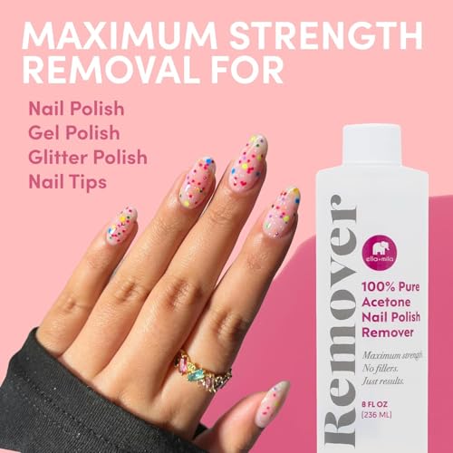 Ella+Mila 100% Acetone Nail Polish Remover - Pure Acetone Fingernail Polish Remover for Removal of Glue, Gel, Acrylic - 8oz
