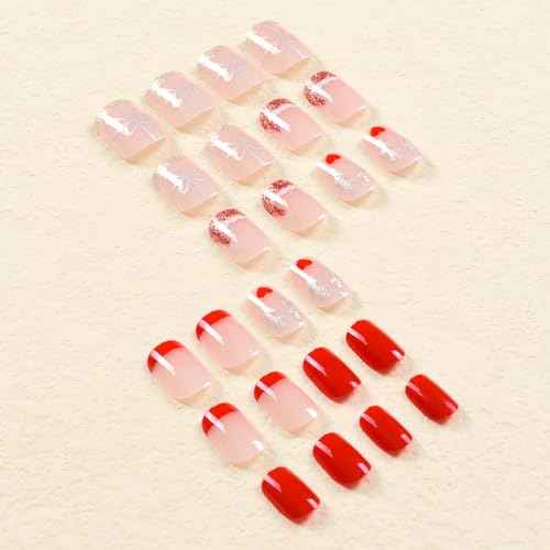 24 Pcs Christmas Press on Nails Short Square - YEFIUO Cute Pink Fake Nails Press ons Winter Xmas Gold Glitter French Nail Art Tip Full Cover Acrylic False Nails Glue on Nails Kit with Design for Women