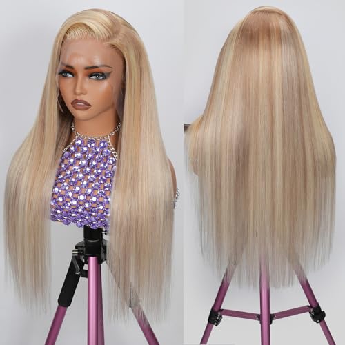 Ombre Balayage Ash Blonde Wig Human Hair,13x6 HD Glueless Lace Front Wigs Pre Plucked Virgin Hair 180% Density Light Brown to Platinum Blonde Highlights Silky Straight Baby Hair with Baby Hair