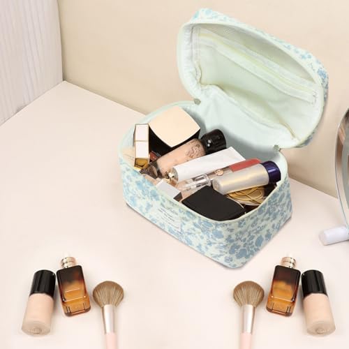 Large Makeup Bag, Cute Cosmetic Bag for Women Girls, Floral Coquette Aesthetic Toiletry Bag, Travel Make Up Organizer Bag (White-Bear)