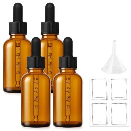 Bumobum 1 oz Dropper Bottle, Amber Glass Dropper Bottle with Measured Dropper, Empty Eye Tincture Bottles with Funnel & Labels for Essential Oils Serums Tavel Liquids, 4 Pack